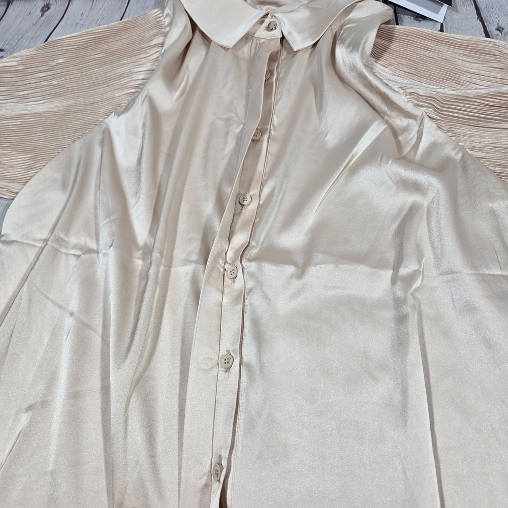 AREA STARS Womens Satin Pleated Sleeve Button Down Blouse Shirt Top Beige Medium - Picture 6 of 8